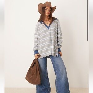 NWT Free People We The Free striped travis polo top in grey and blue. X-Small